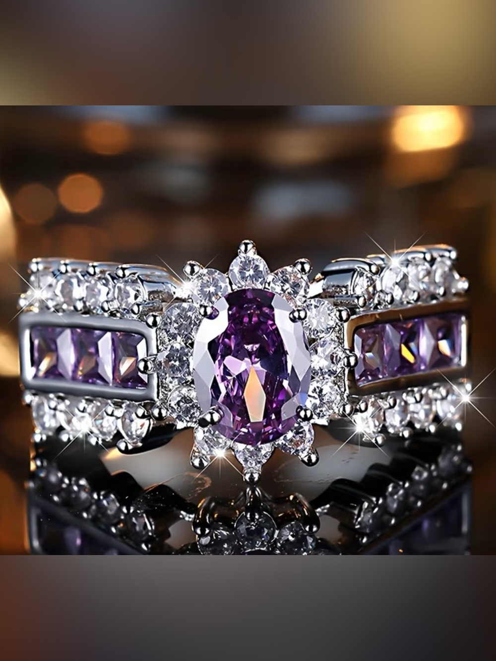 Elegant Amethyst Halo Ring in Silver-Tone Setting